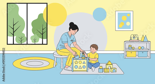 Mother and Child Playing with Educational Toys in a Bright, Colorful Nursery Room