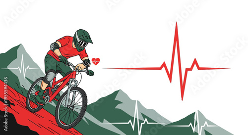 Mountain biker riding downhill with heartbeat line and ECG graph, extreme sports and health concept
