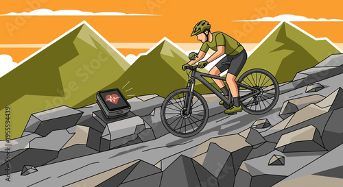 Mountain biker with heart rate monitor on rocky terrain, extreme sport, health tracking