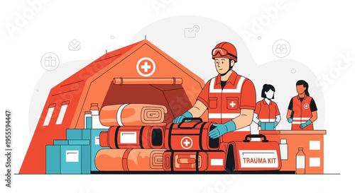 Emergency medical team with trauma kits and supplies at a disaster relief tent