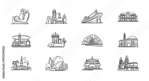Set of world landmarks line icons with famous buildings and monuments in minimal outline style illustration.