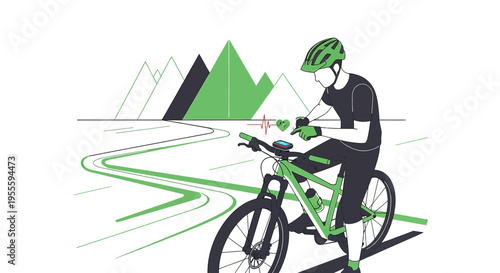 Mountain biker with heart rate monitor, tracking fitness on scenic trail with mountains