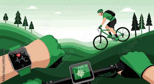 Mountain biker with smartwatch and bike computer tracking heart rate on scenic trail