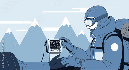 Mountain rescue medic checks vital signs on patient with portable monitor