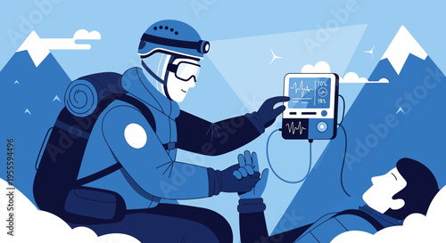 Mountain rescue rescuer uses defibrillator on injured person in snowy landscape