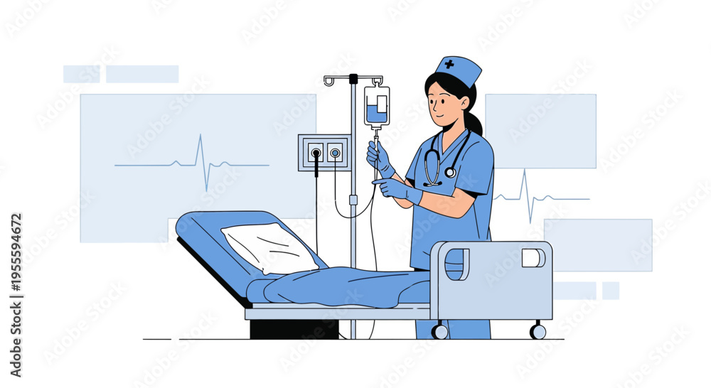 Fototapeta premium Nurse Administering IV Drip in Hospital Room with EKG Monitor