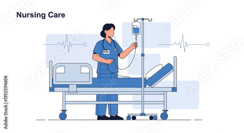 Nurse Adjusting IV Drip in Hospital Room with Patient Bed and Heartbeat Monitor