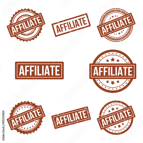 Set of various brown affiliate rubber stamps with different shapes and vintage grunge textures Vector, illustration Stamp Icon.