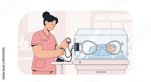 Neonatal Nurse Checks Newborn Baby's Vital Signs in Incubator, Medical Care