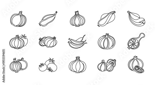 Collection of line art icons representing various vegetables and fruits for culinary use