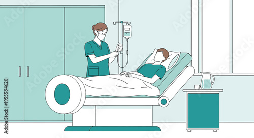Nurse Adjusting IV Drip for Patient in Hospital Bed, Medical Care Concept