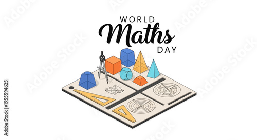 Illustration of a World Maths Day design featuring geometric shapes and mathematical symbols on a notebook, conveying a math education concept with a focus on problem solving and geometry.