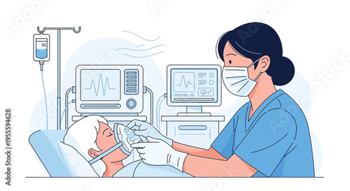 Nurse Adjusting Oxygen Mask on Patient in Intensive Care Unit with Medical Equipment