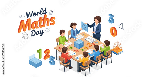 Illustration of students learning mathematics with a teacher in a classroom setting on World Maths Day, with math symbols and equations around them.