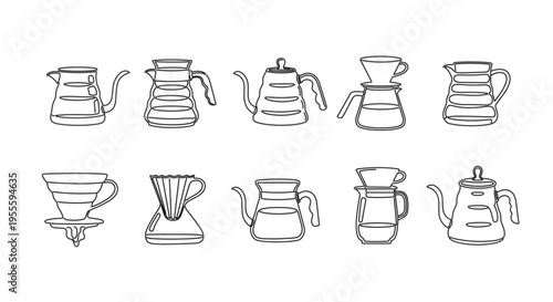Collection of minimalist line art pour over coffee makers and carafes
