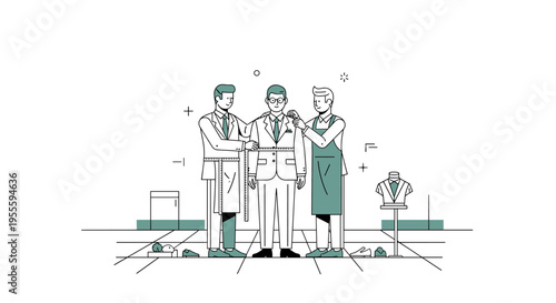 Tailors measuring a client for a custom suit in a minimalist workshop setting