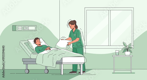Nurse Adjusting Pillow for Patient in Hospital Bed, Healthcare Concept