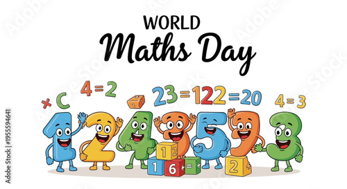 Colorful illustration of cartoon animals celebrating World Maths Day with mathematical equations and symbols around them on a white background.