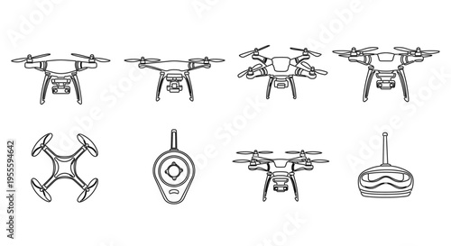 Set of drone line icons with quadcopters, controller and aerial technology elements in minimal style.