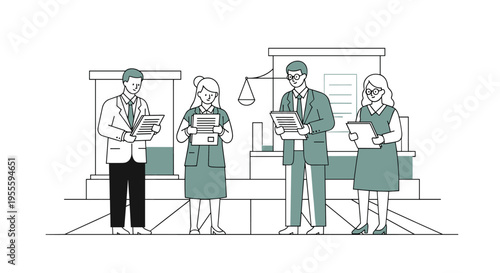 Lawyers and legal professionals in a courtroom setting reviewing documents
