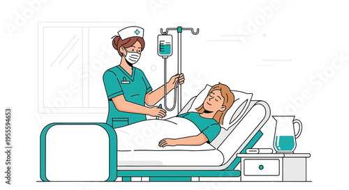 Nurse Adjusts IV Drip for Patient Lying in Hospital Bed, Medical Care