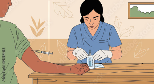 Nurse administering injection to patient in clinic, close-up on hands and medical supplies