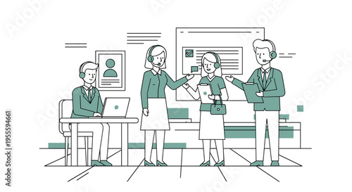 Diverse team of customer service representatives collaborating in a modern office environment