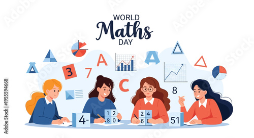Illustration of students learning mathematics on World Maths Day with mathematical equations and symbols around them in a colorful, educational setting.