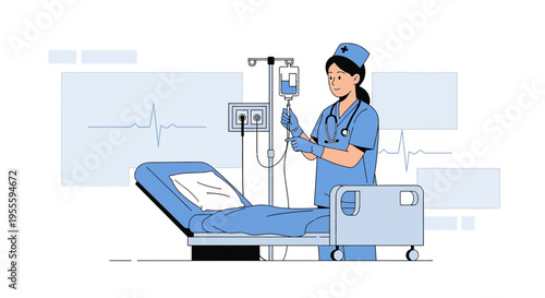 Nurse Administering IV Drip in Hospital Room with EKG Monitor