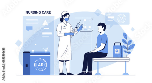 Nurse administering injection to patient using augmented reality technology in modern clinic