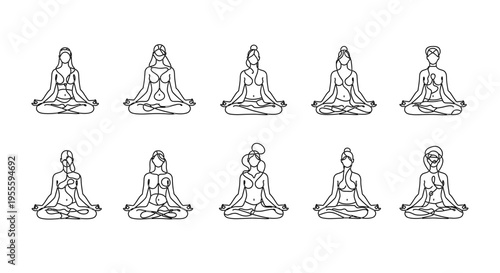 Set of yoga and meditation poses in lotus position, minimalist line art illustrations for wellness and mindfulness.