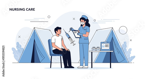 Nurse administering vaccine to patient in outdoor clinic tent, nursing care concept