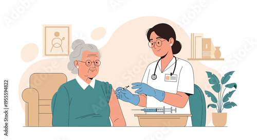 Nurse Administering Vaccine to Elderly Woman at Home, Healthcare Support