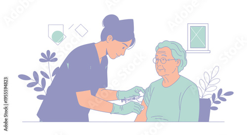 Nurse administering vaccine to elderly woman, healthcare concept, vaccination, medical care