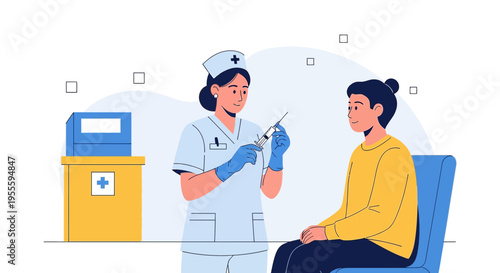 Nurse administering vaccine to patient, medical healthcare concept illustration