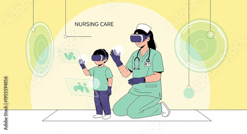Nurse and child in VR headsets exploring virtual medical simulation for nursing care education