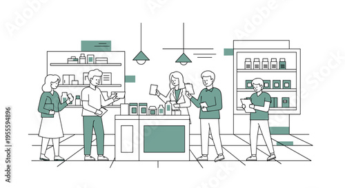 Diverse group of people shopping and working in a modern pharmacy or drugstore