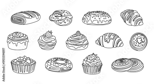 Collection of delicious pastries and baked goods in a simple line art style