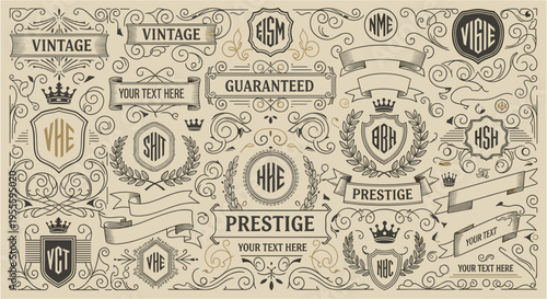 Vintage ornamental design elements with monograms and banners for branding