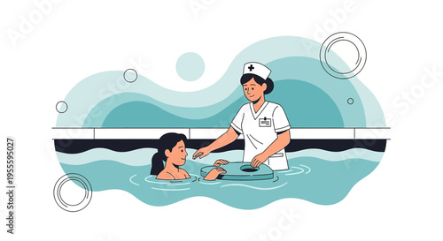 Nurse assisting patient in hydrotherapy pool for rehabilitation and recovery