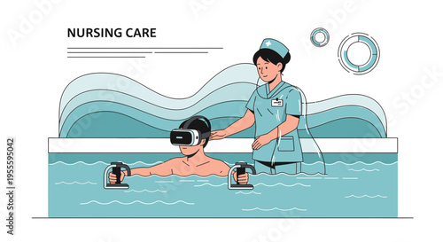 Nurse assisting patient in VR therapy pool for nursing care, innovative rehabilitation