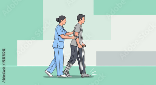 Nurse assisting patient with crutches, rehabilitation after injury, physical therapy