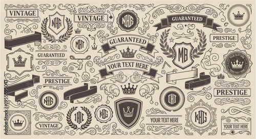 Vintage design elements collection with crowns, ribbons, and monograms for branding