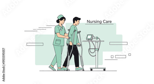 Nurse assisting patient with crutches, rehabilitation, physical therapy, medical care