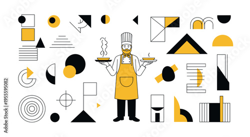 Stylized chef with beard and mustache holding two bowls of steaming soup, surrounded by geometric shapes