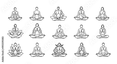 Collection of minimalist line art illustrations of women in various yoga meditation poses