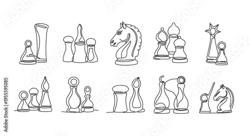 Collection of chess pieces drawn in a minimalist continuous line art style on a white background