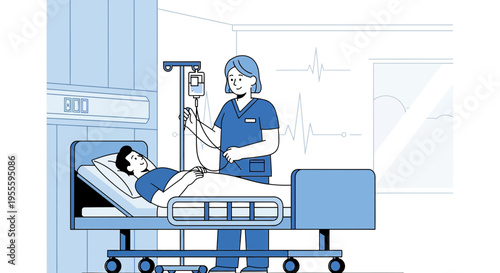 Nurse Attends Patient in Hospital Bed with IV Drip and Heart Monitor