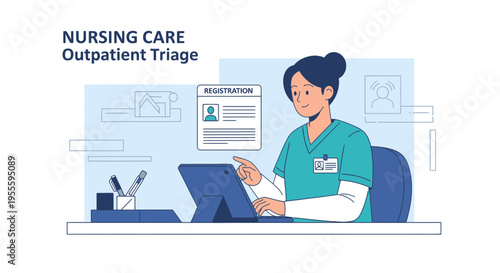 Nurse at Outpatient Triage Registration Desk Using Tablet, Healthcare Concept