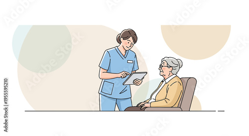 Nurse caring for elderly patient, discussing medical chart on tablet in cozy room